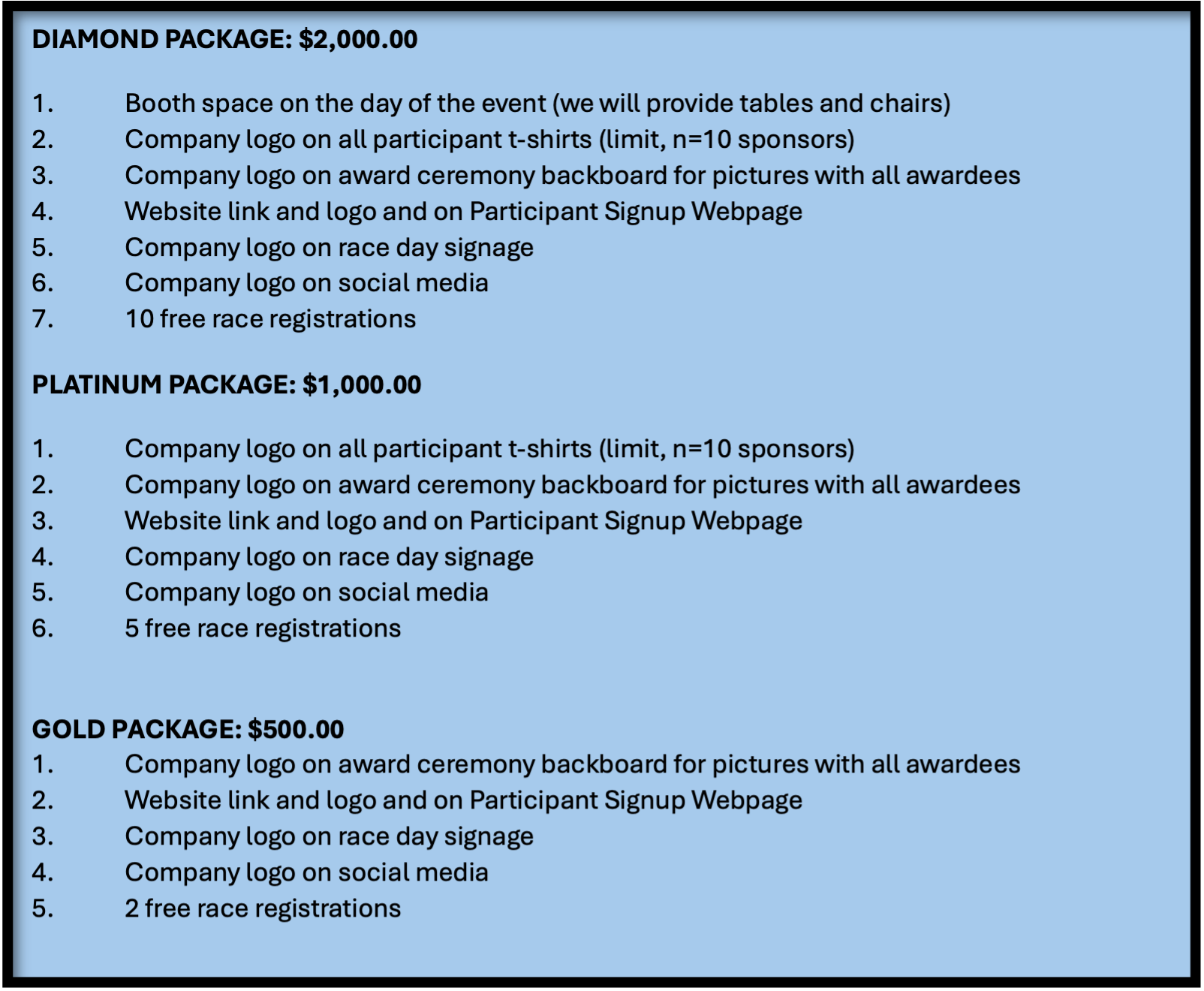 AVA 5K registration packages
